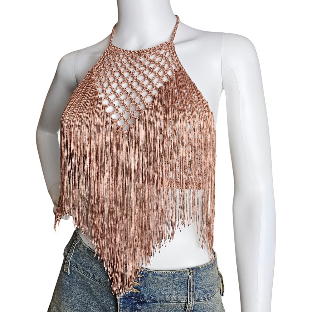 Handmade Crochet Fringe Halter Top, Boho Festival Top, Summer Fashion - Picture 9 of 11